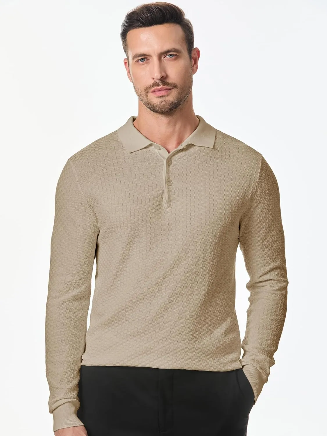 JMIERR Mens Knit Polo Shirts Casual Button Down Long Sleeve Dress Shirts Winter Lightweight Pullover Sweater