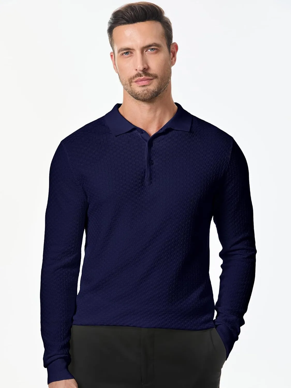 JMIERR Mens Knit Polo Shirts Casual Button Down Long Sleeve Dress Shirts Winter Lightweight Pullover Sweater