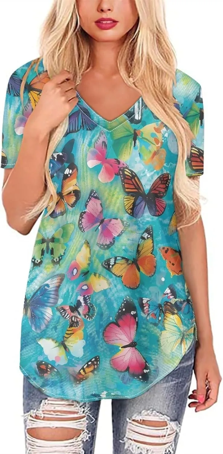 JooMeryer Women's Pink Flamingo T-Shirts V-Neck Short Sleeve Lightweight Summer Top Tee Shirt