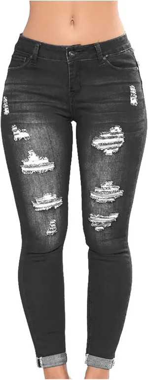 jsaierl Women's Fashion Stretch Ripped Jeans Pants Slim Skinny Distressed Destroyed Cuffed Denim Pants with Pockets