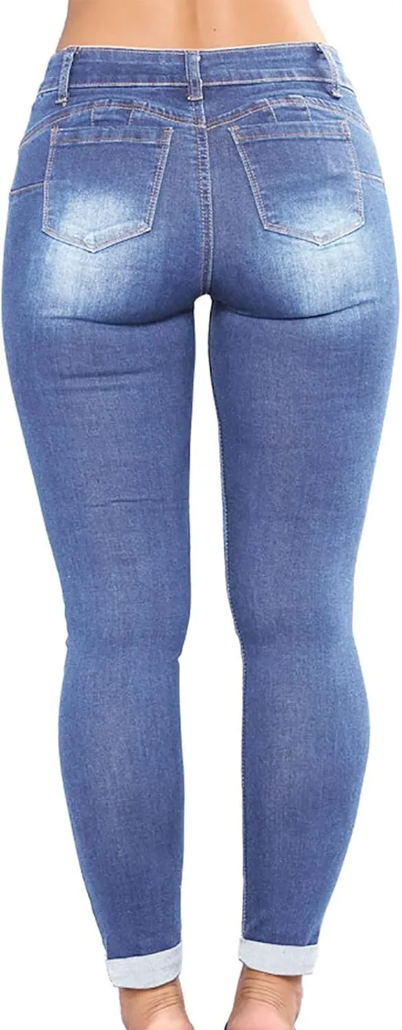 jsaierl Women's Fashion Stretch Ripped Jeans Pants Slim Skinny Distressed Destroyed Cuffed Denim Pants with Pockets