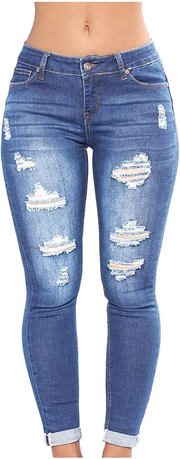 jsaierl Women's Fashion Stretch Ripped Jeans Pants Slim Skinny Distressed Destroyed Cuffed Denim Pants with Pockets