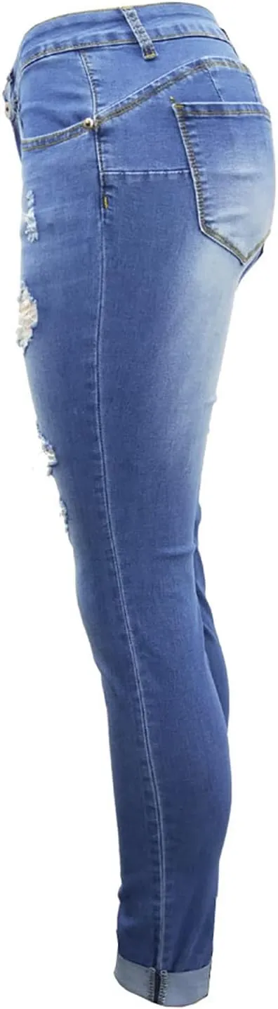 jsaierl Women's Fashion Stretch Ripped Jeans Pants Slim Skinny Distressed Destroyed Cuffed Denim Pants with Pockets