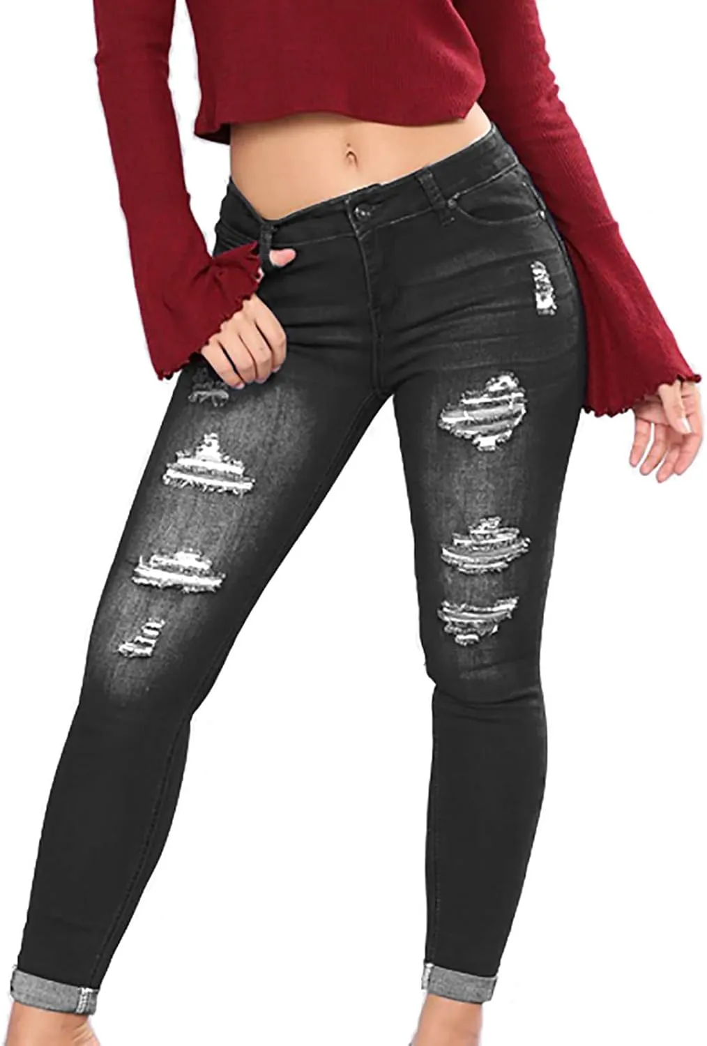 jsaierl Women's Fashion Stretch Ripped Jeans Pants Slim Skinny Distressed Destroyed Cuffed Denim Pants with Pockets