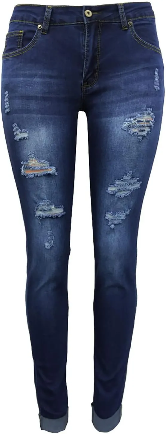 jsaierl Women's Fashion Stretch Ripped Jeans Pants Slim Skinny Distressed Destroyed Cuffed Denim Pants with Pockets