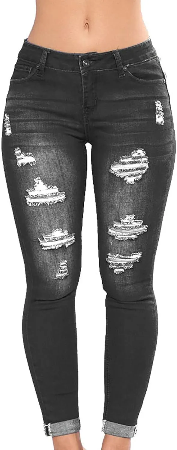 jsaierl Women's Fashion Stretch Ripped Jeans Pants Slim Skinny Distressed Destroyed Cuffed Denim Pants with Pockets