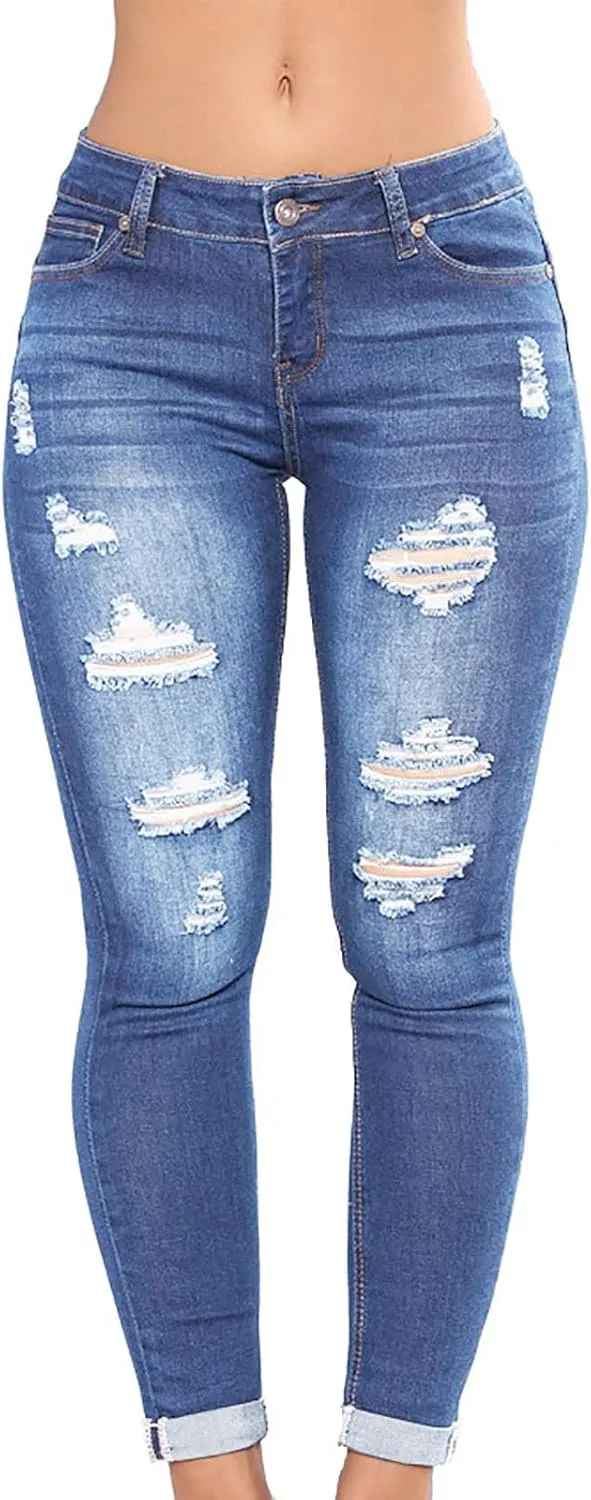 jsaierl Women's Fashion Stretch Ripped Jeans Pants Slim Skinny Distressed Destroyed Cuffed Denim Pants with Pockets