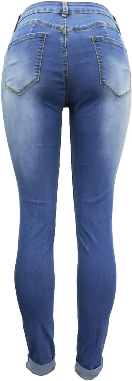 jsaierl Women's Fashion Stretch Ripped Jeans Pants Slim Skinny Distressed Destroyed Cuffed Denim Pants with Pockets