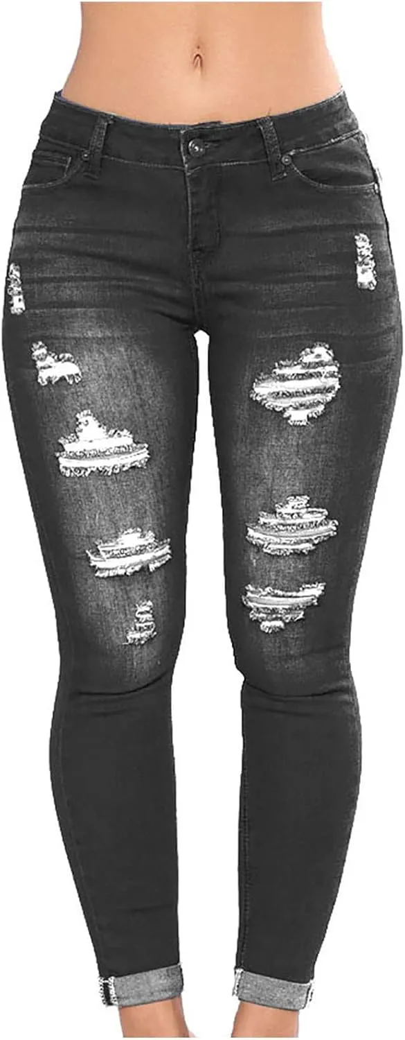 jsaierl Women's Fashion Stretch Ripped Jeans Pants Slim Skinny Distressed Destroyed Cuffed Denim Pants with Pockets