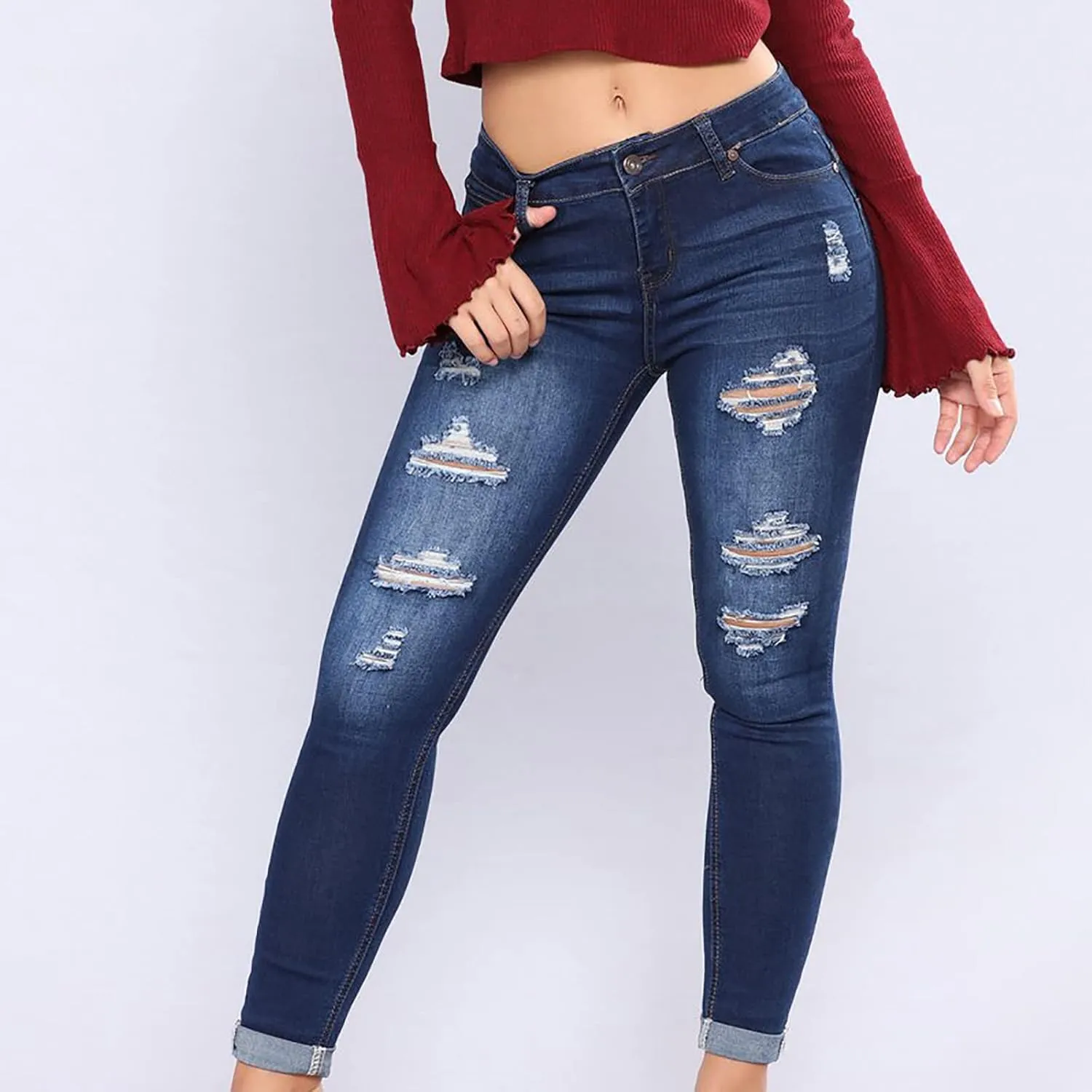 jsaierl Women's Fashion Stretch Ripped Jeans Pants Slim Skinny Distressed Destroyed Cuffed Denim Pants with Pockets