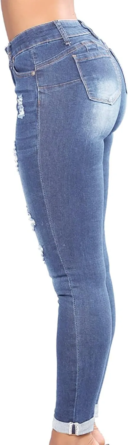 jsaierl Women's Fashion Stretch Ripped Jeans Pants Slim Skinny Distressed Destroyed Cuffed Denim Pants with Pockets