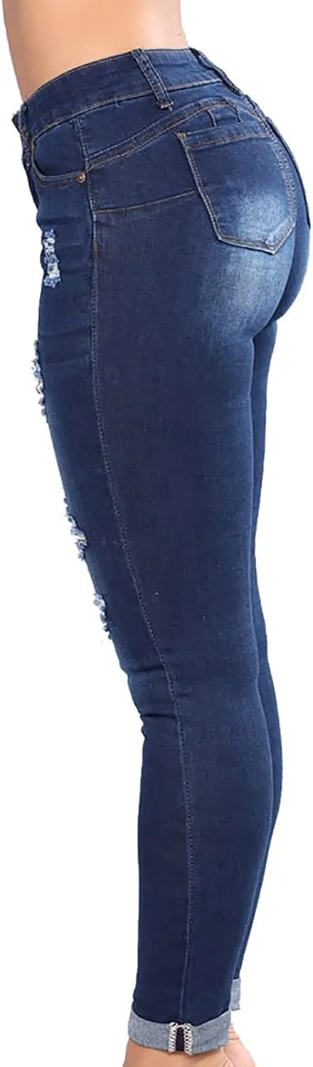 jsaierl Women's Fashion Stretch Ripped Jeans Pants Slim Skinny Distressed Destroyed Cuffed Denim Pants with Pockets