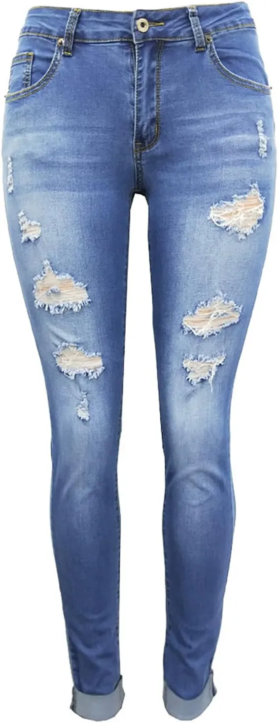 jsaierl Women's Fashion Stretch Ripped Jeans Pants Slim Skinny Distressed Destroyed Cuffed Denim Pants with Pockets