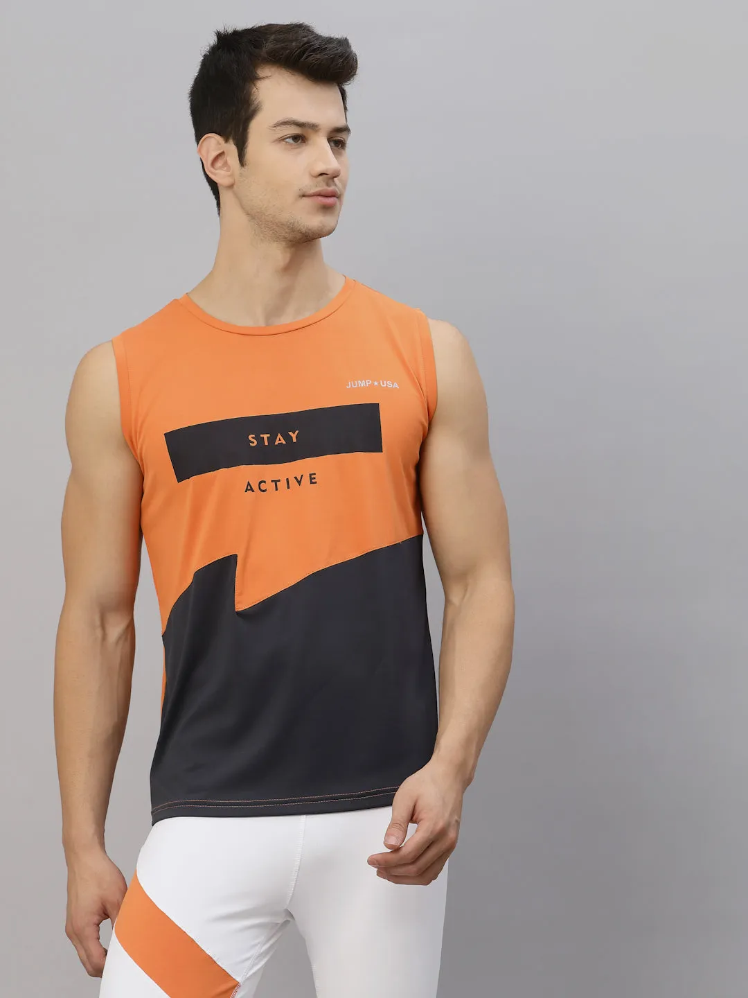 JUMP USA Men Orange & Navy Blue Printed Polyester Sleeveless Tank T-shirt