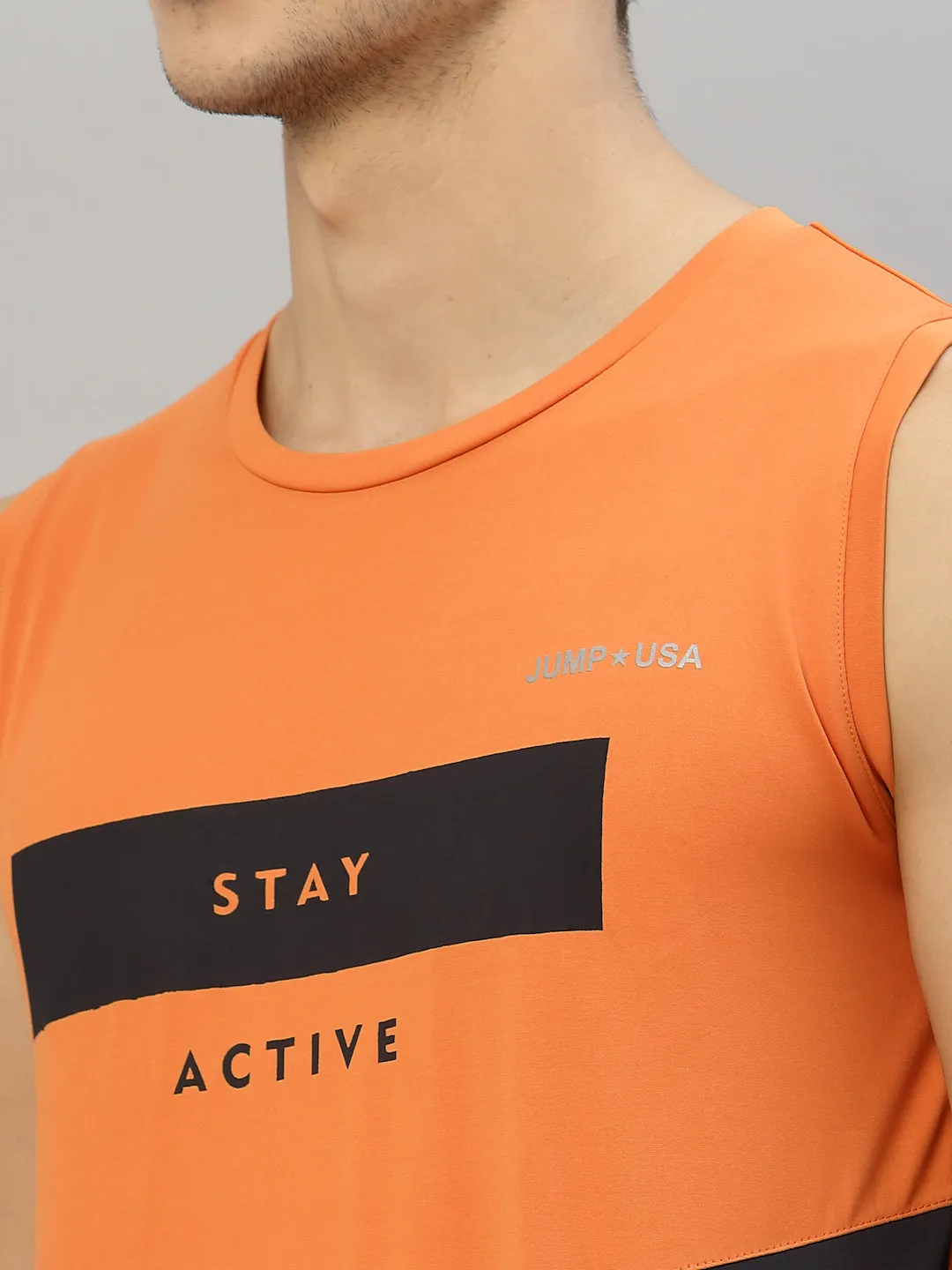 JUMP USA Men Orange & Navy Blue Printed Polyester Sleeveless Tank T-shirt