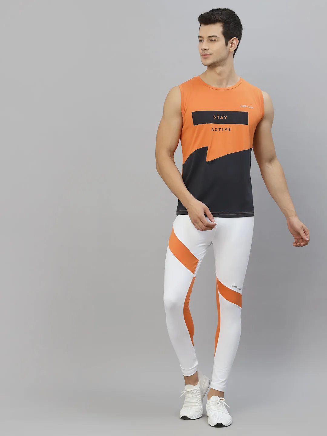 JUMP USA Men Orange & Navy Blue Printed Polyester Sleeveless Tank T-shirt