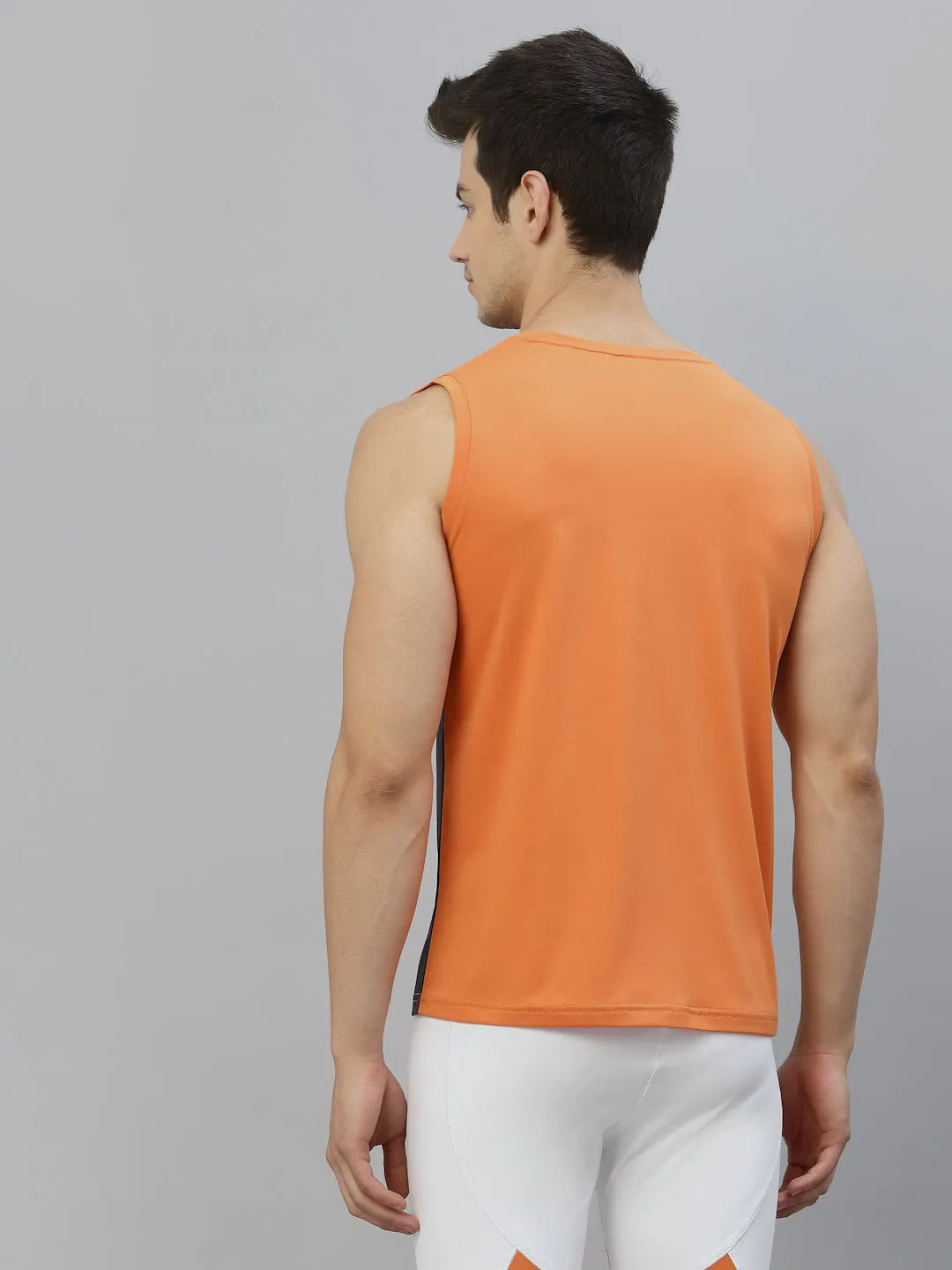 JUMP USA Men Orange & Navy Blue Printed Polyester Sleeveless Tank T-shirt