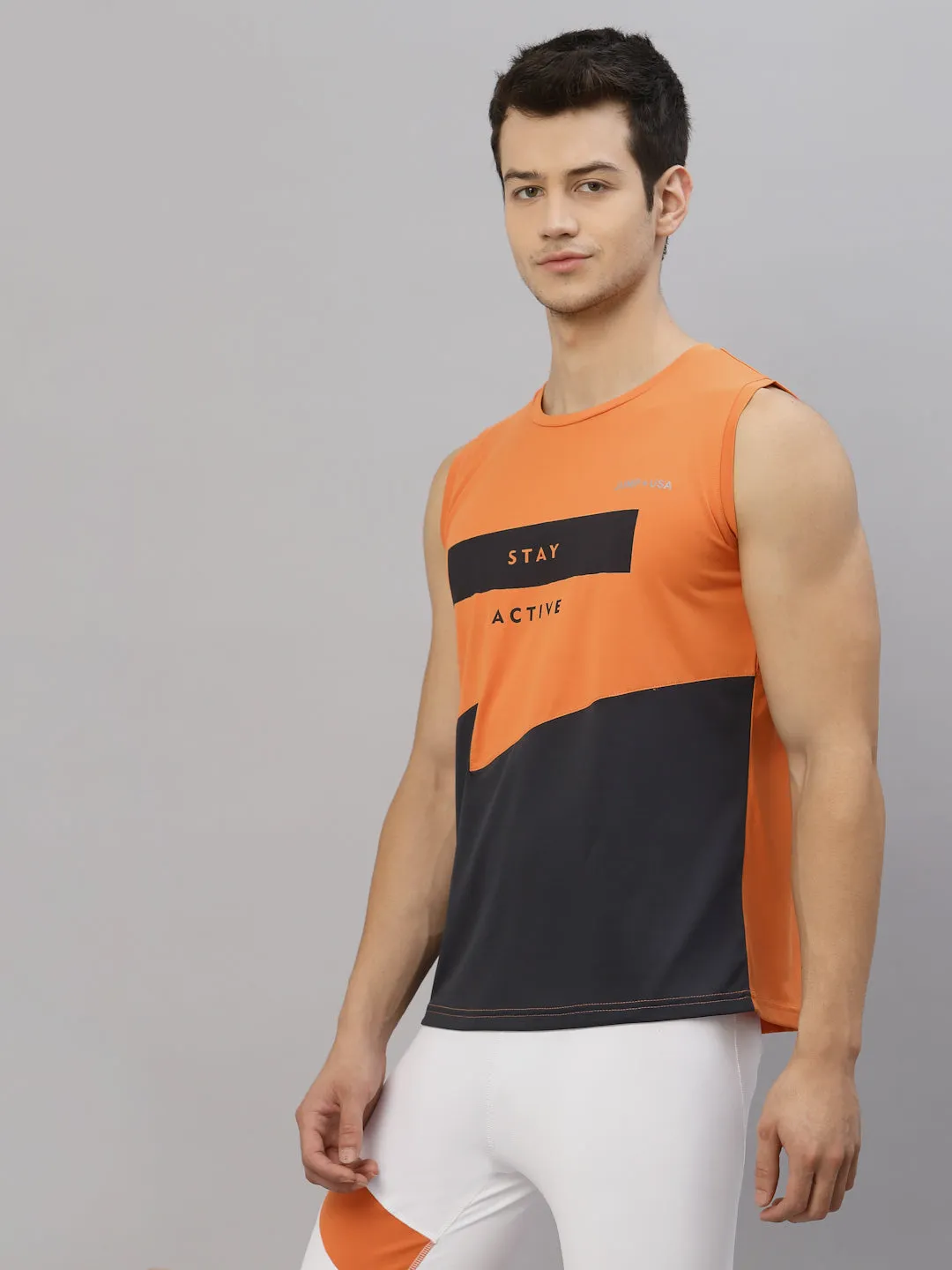 JUMP USA Men Orange & Navy Blue Printed Polyester Sleeveless Tank T-shirt
