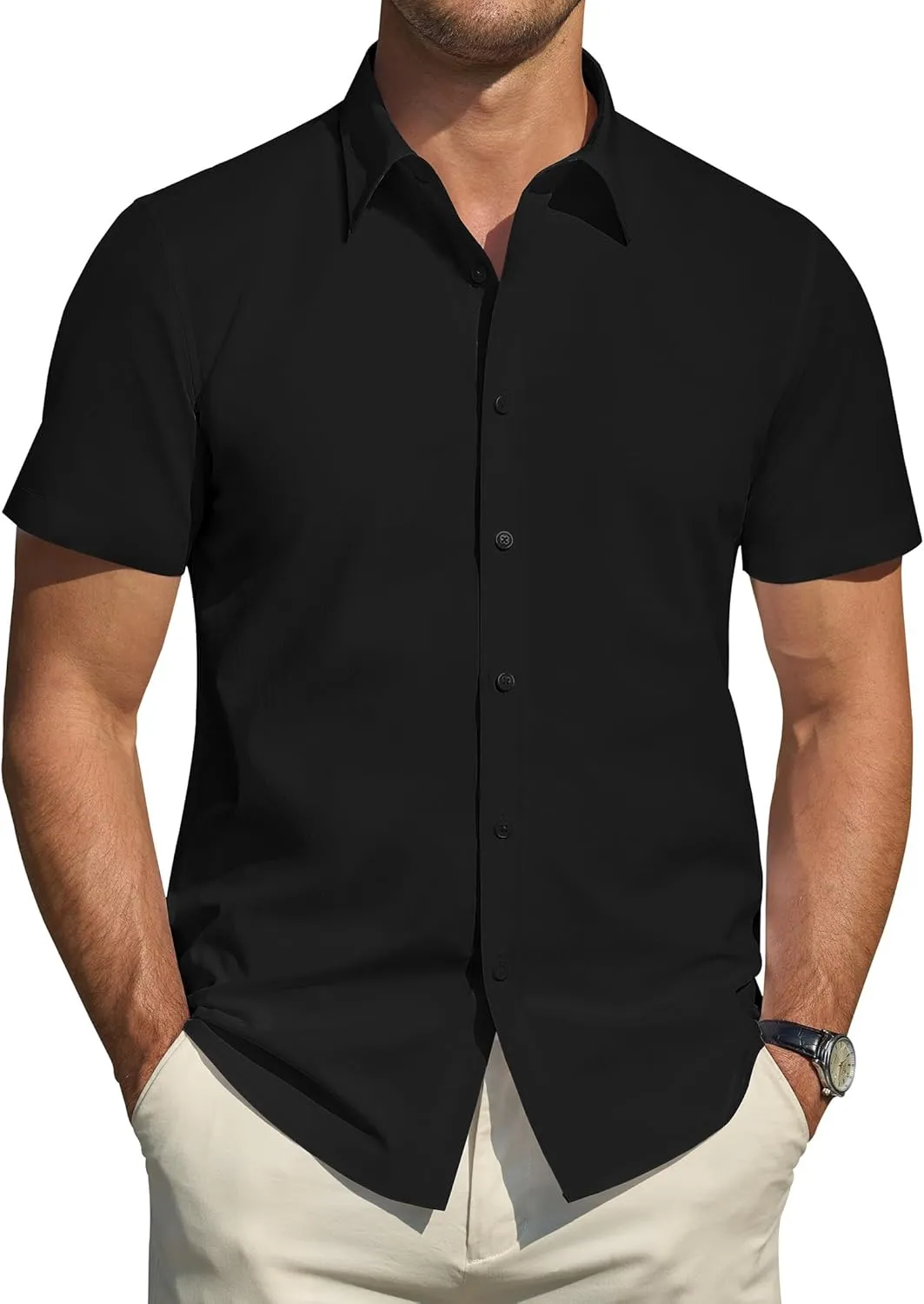 J.VER Men's Short Sleeve Dress Shirts Stretch Stain Shield Casual Button Down Shirts Solid Formal Shirt