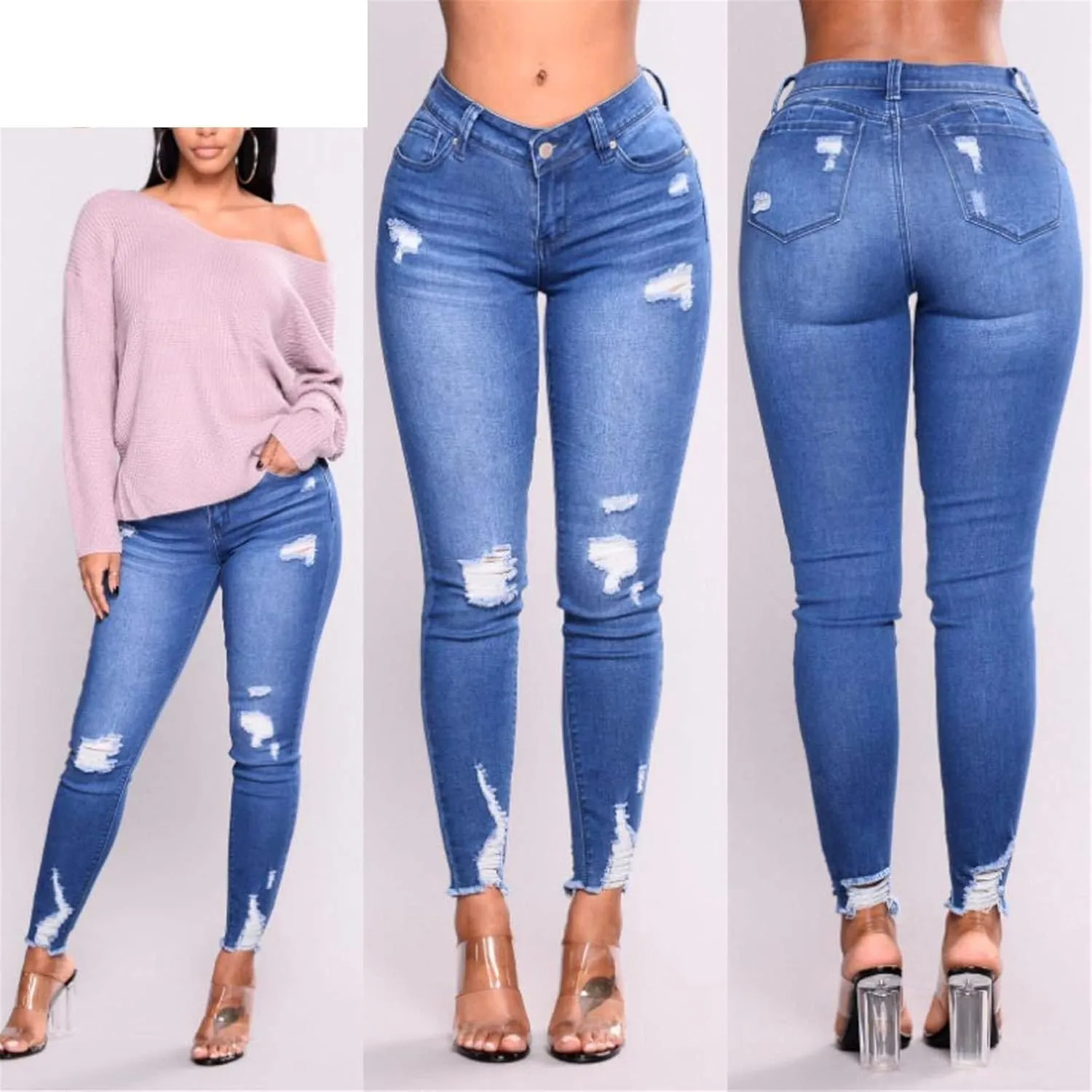 Kelsiop Women's High Waist Jeans Slim Fit Stretch Ripped Jeans Skinny Push Up Jeans Ripped Jeans