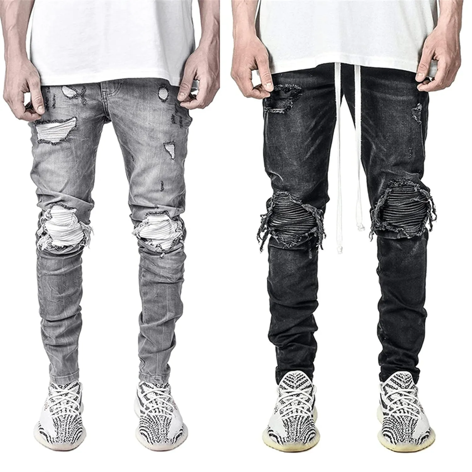 KELYWELL Men's Ripped Biker Jeans Distressed Destroyed Jeans Straight Leg Stretchy Knee Holes Denim Pants for Men (Small,Grey)