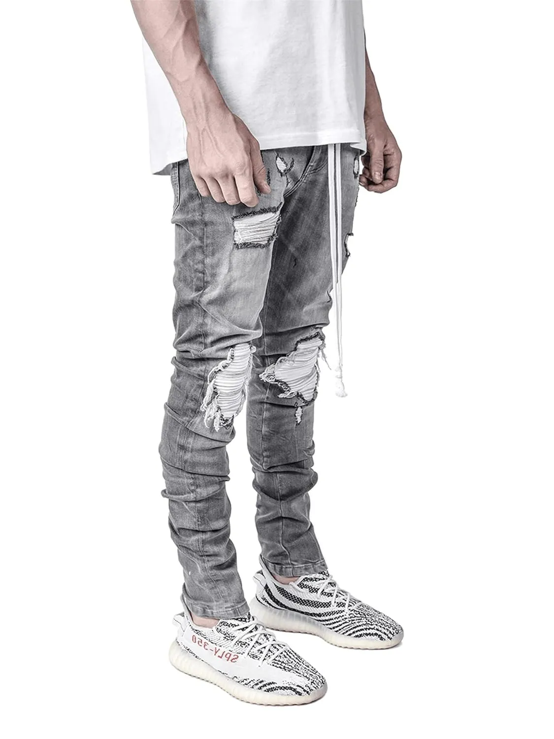 KELYWELL Men's Ripped Biker Jeans Distressed Destroyed Jeans Straight Leg Stretchy Knee Holes Denim Pants for Men (Small,Grey)