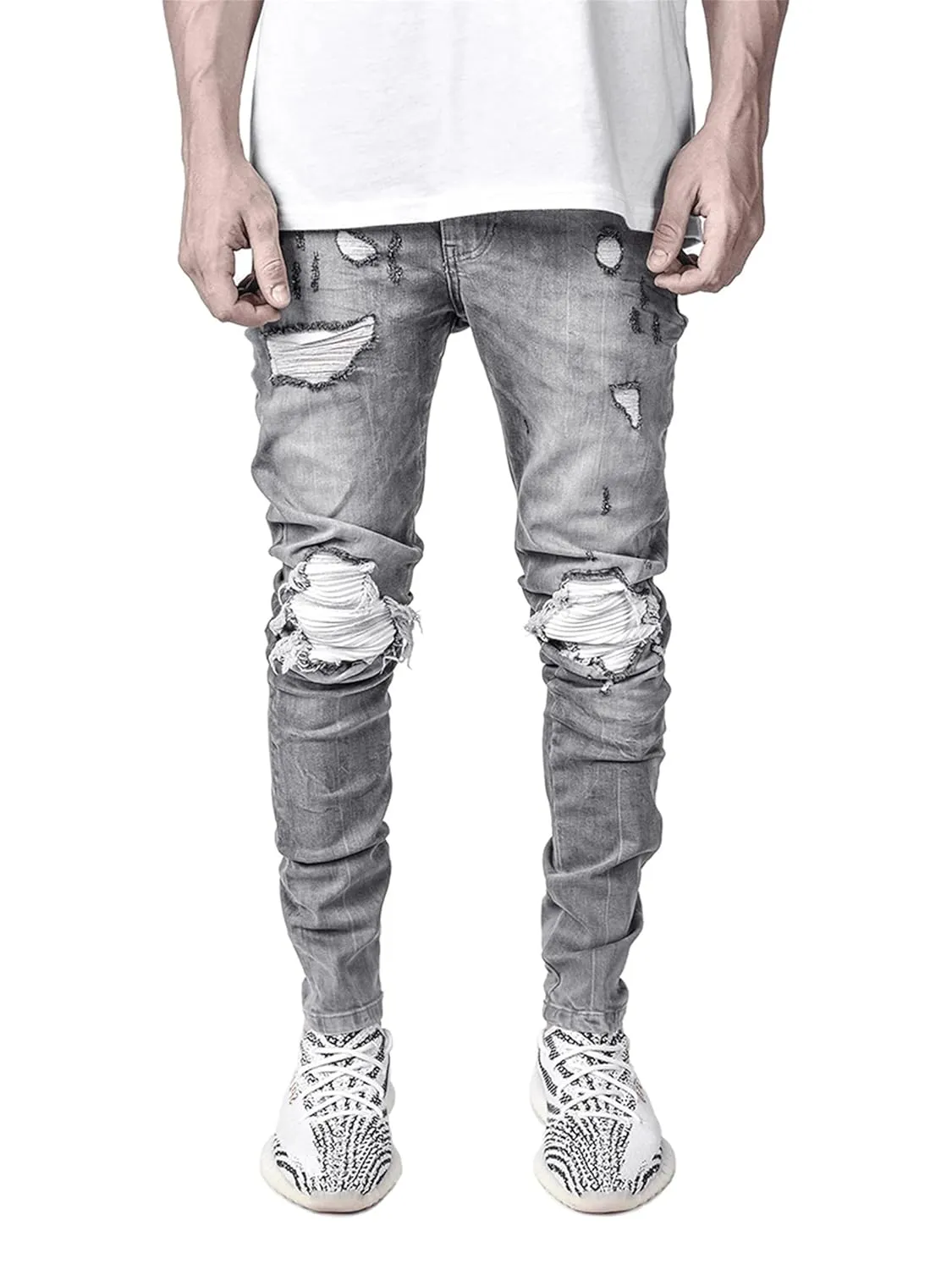KELYWELL Men's Ripped Biker Jeans Distressed Destroyed Jeans Straight Leg Stretchy Knee Holes Denim Pants for Men (Small,Grey)