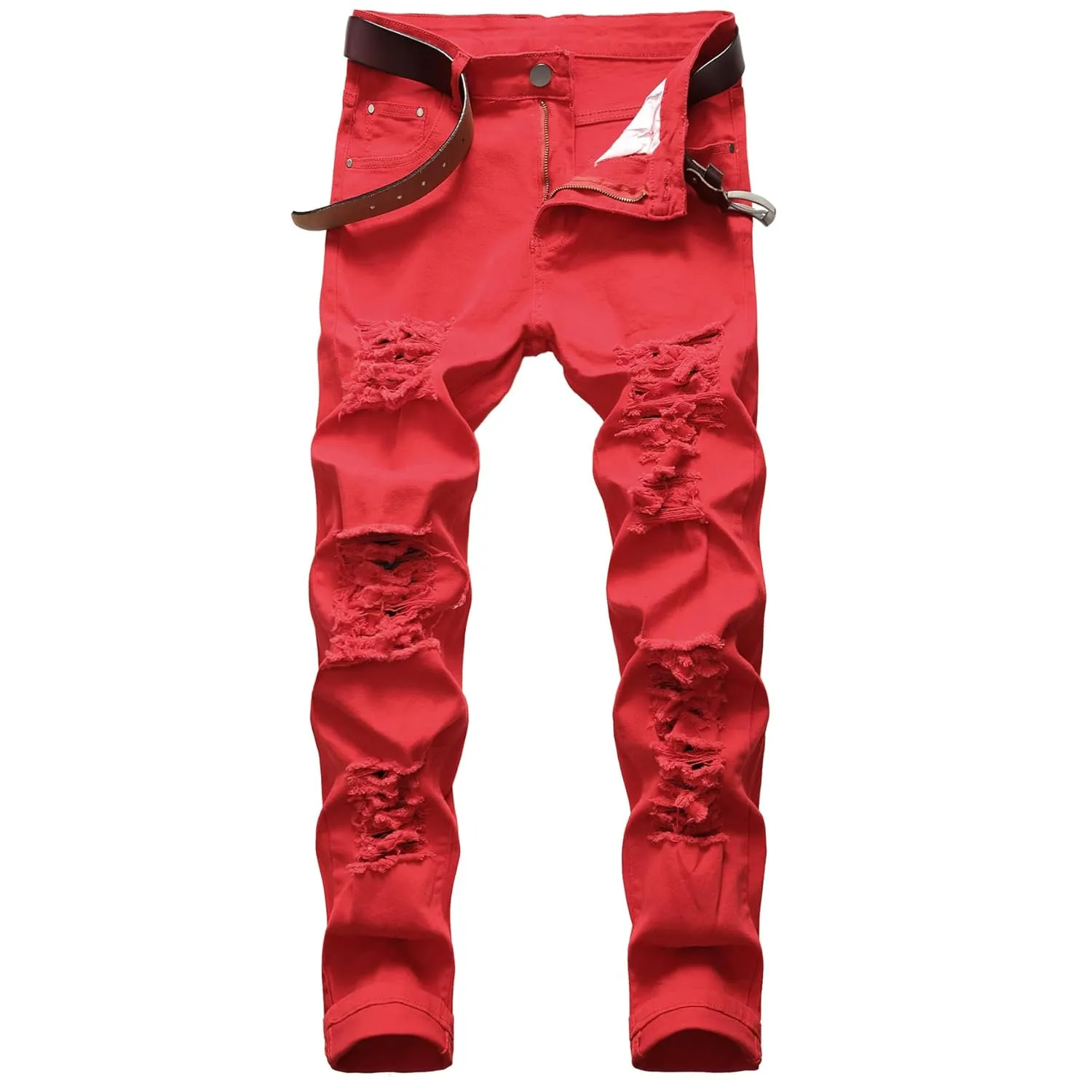 KELYWELL Men's Ripped Straight Fit Jeans Distressed Holes Slim Fit Biker Jeans Destroyed Skinny Hip Hop Denim Pants (38,Red)