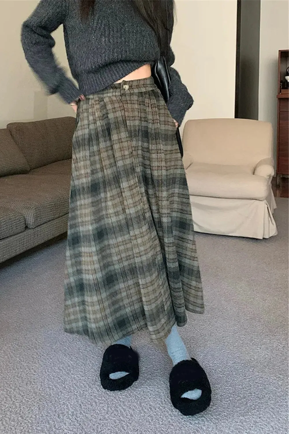 KittenAlarm - High Waist Thick A-Line Plaid Pleated Skirts
