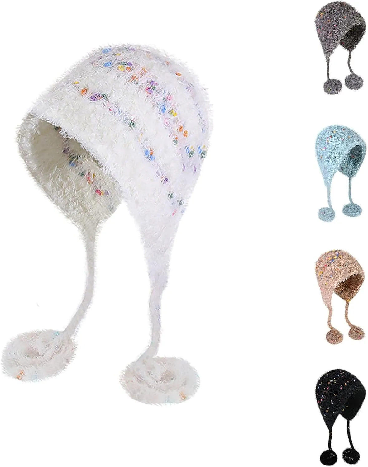 Knit Hats Winter Fleece Skiing Winter Caps Warm Ear Flap Drawstring Pompom Knitted Skull Cap Chunky Ear Protection Hat