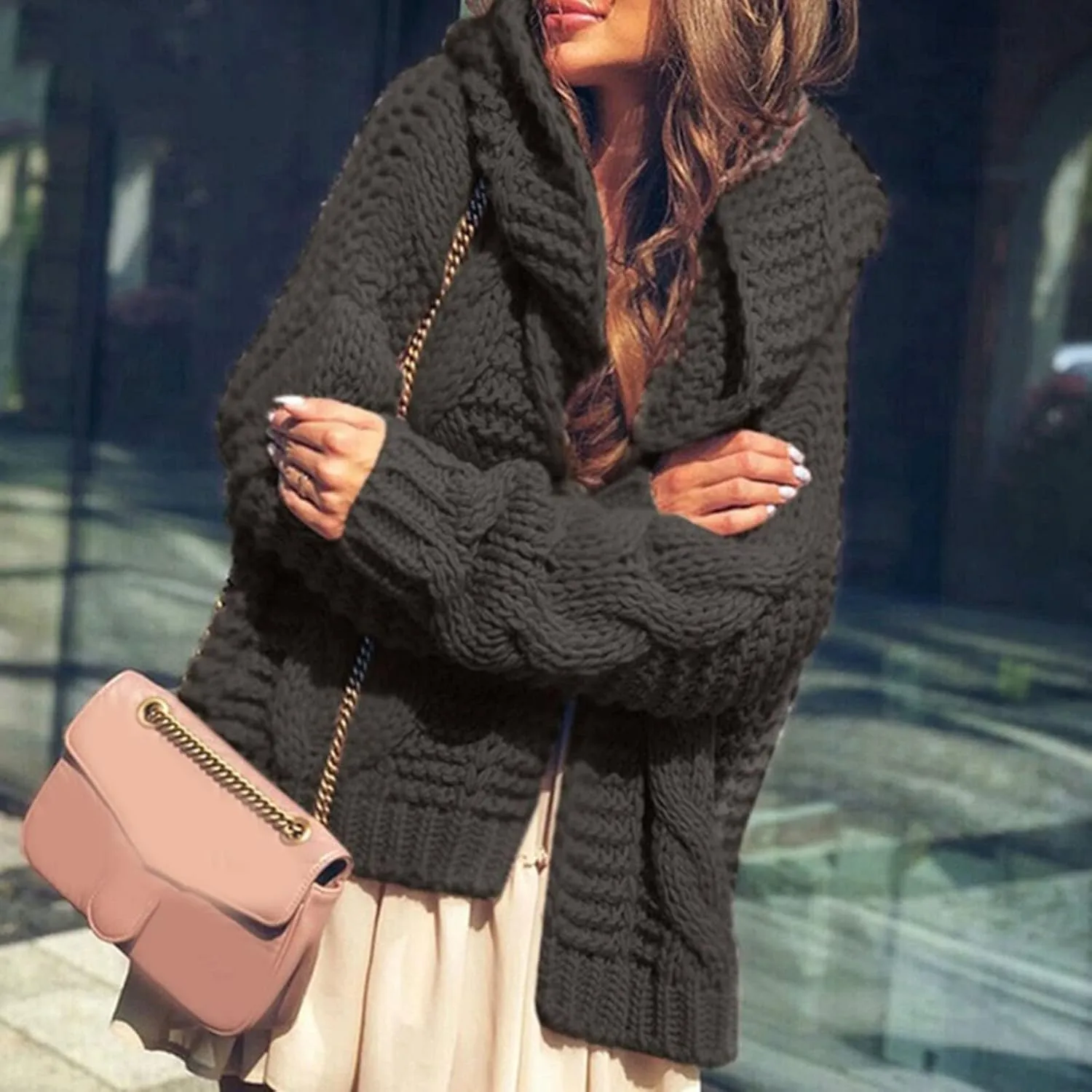 Knitted Womens Sweaters Cardigan Heavyweight Plain Kimono Cardigans Winter Open Front Jumper Comfy Jacket Coat