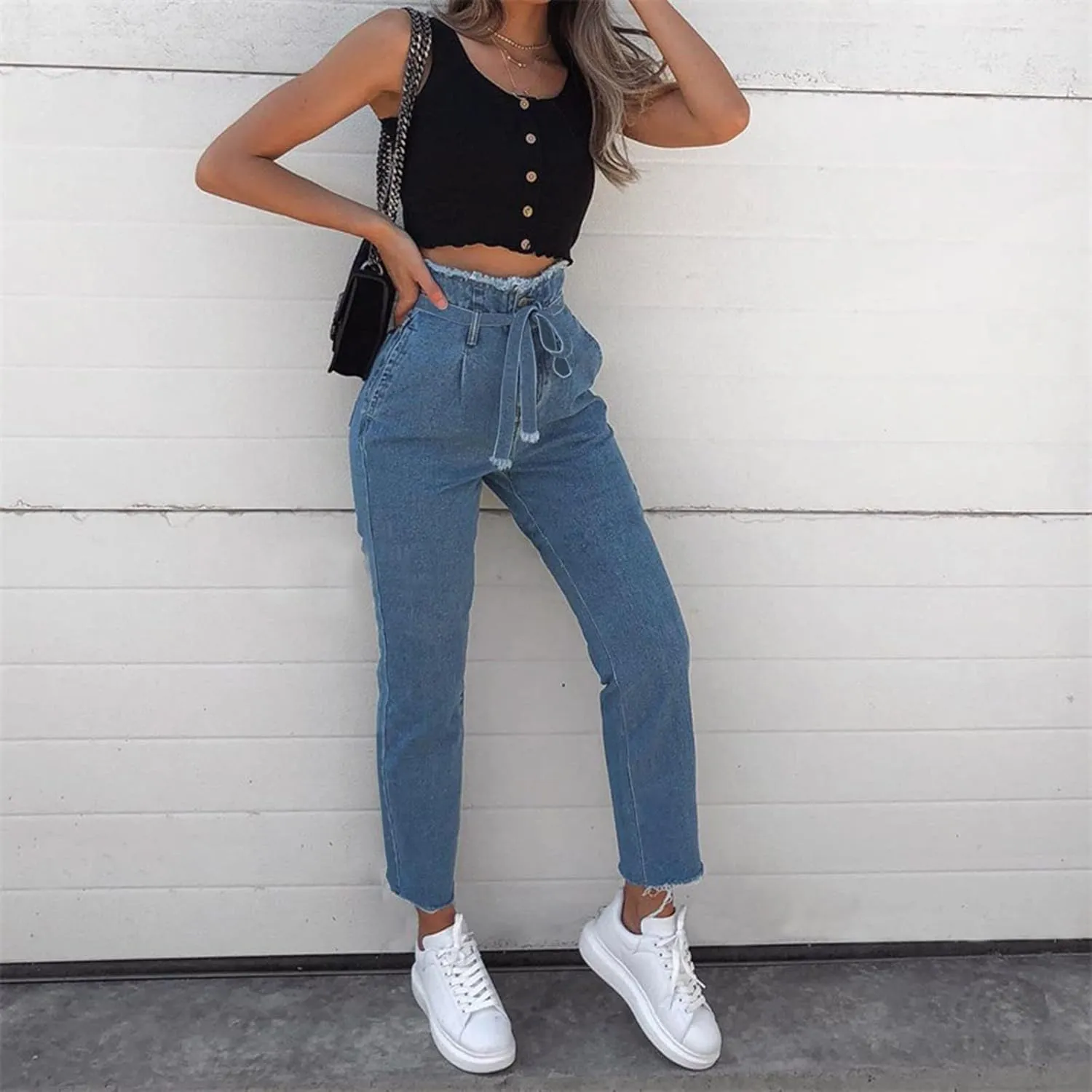 Lace-Up Denim Stretch Jeans Fasion Jeans Women's High-Rise Frayed Casual Pants 16 Skinny Jeans