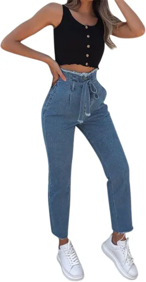 Lace-Up Denim Stretch Jeans Fasion Jeans Women's High-Rise Frayed Casual Pants 16 Skinny Jeans