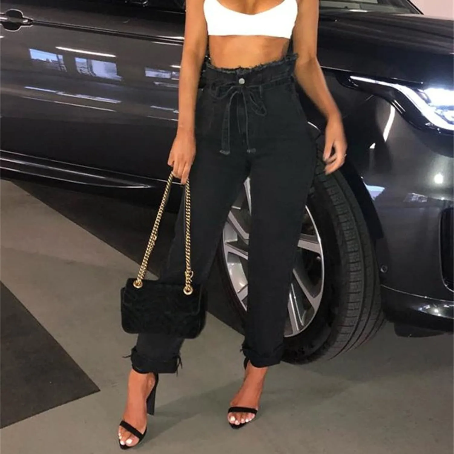Lace-Up Denim Stretch Jeans Fasion Jeans Women's High-Rise Frayed Casual Pants 16 Skinny Jeans