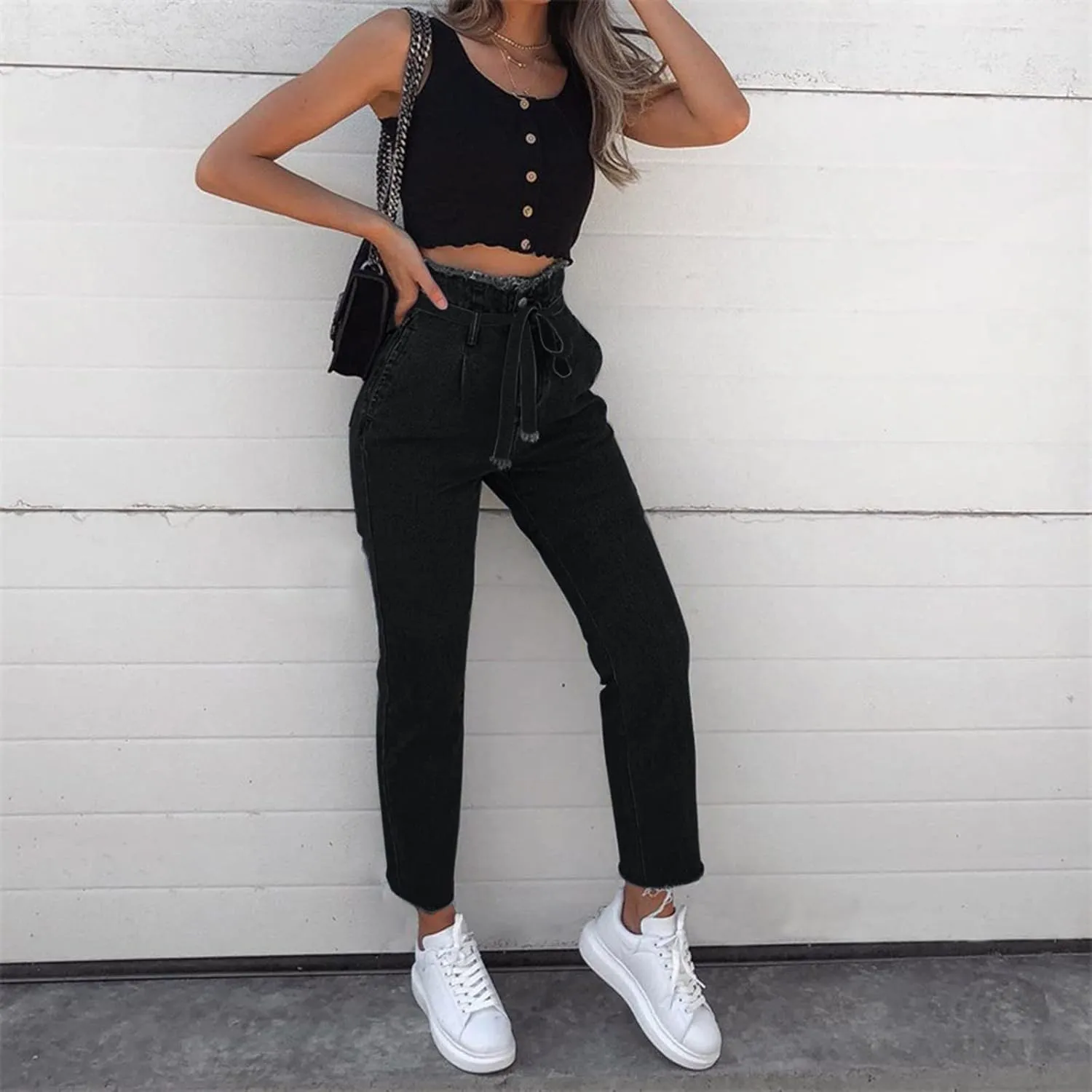 Lace-Up Denim Stretch Jeans Fasion Jeans Women's High-Rise Frayed Casual Pants 16 Skinny Jeans