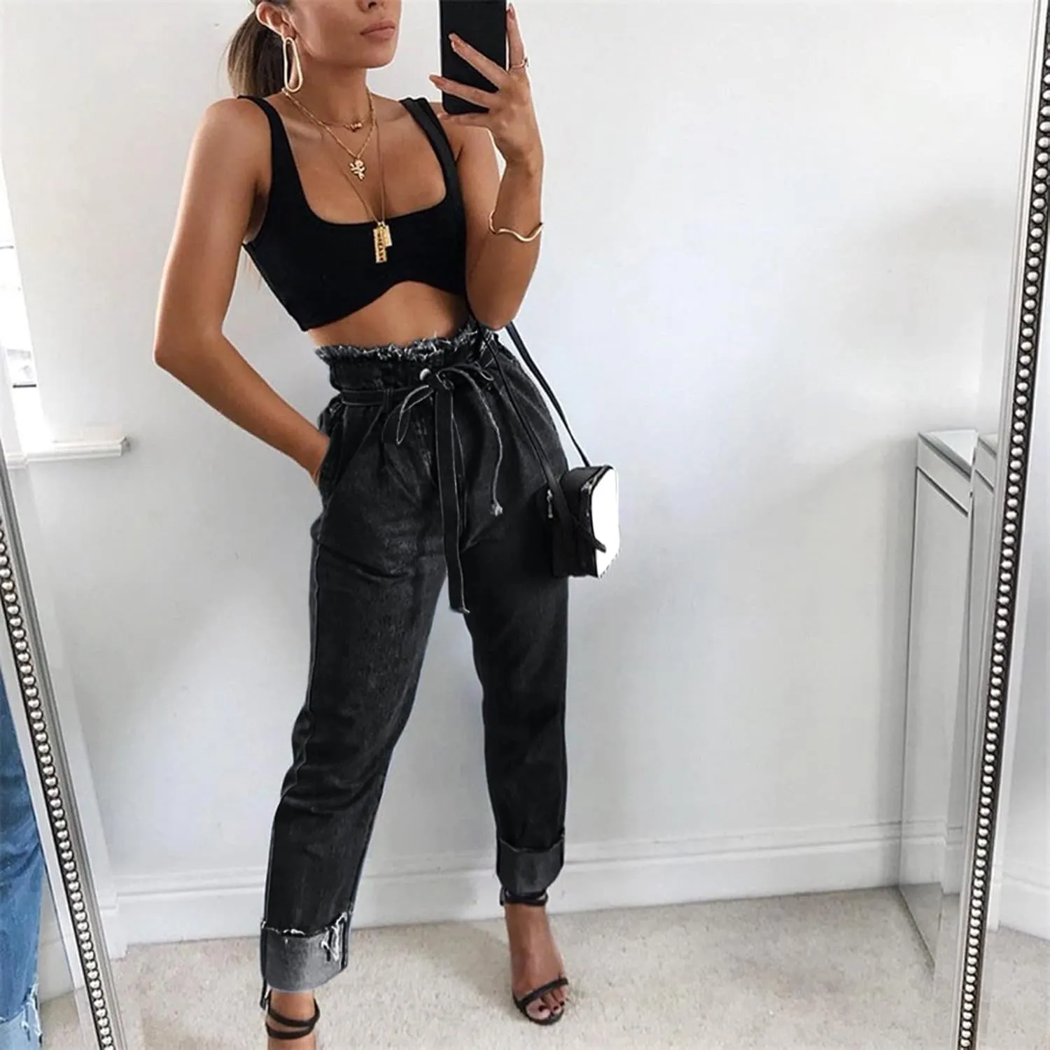Lace-Up Denim Stretch Jeans Fasion Jeans Women's High-Rise Frayed Casual Pants 16 Skinny Jeans