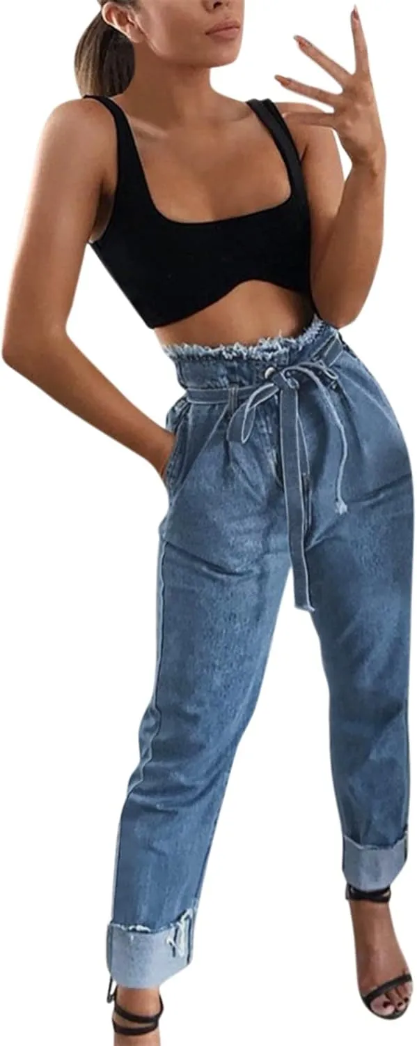 Lace-Up Denim Stretch Jeans Fasion Jeans Women's High-Rise Frayed Casual Pants 16 Skinny Jeans