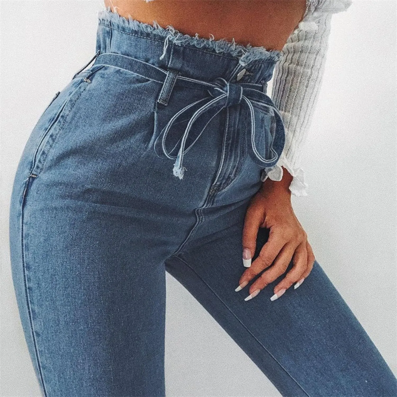 Lace-Up Denim Stretch Jeans Fasion Jeans Women's High-Rise Frayed Casual Pants 16 Skinny Jeans