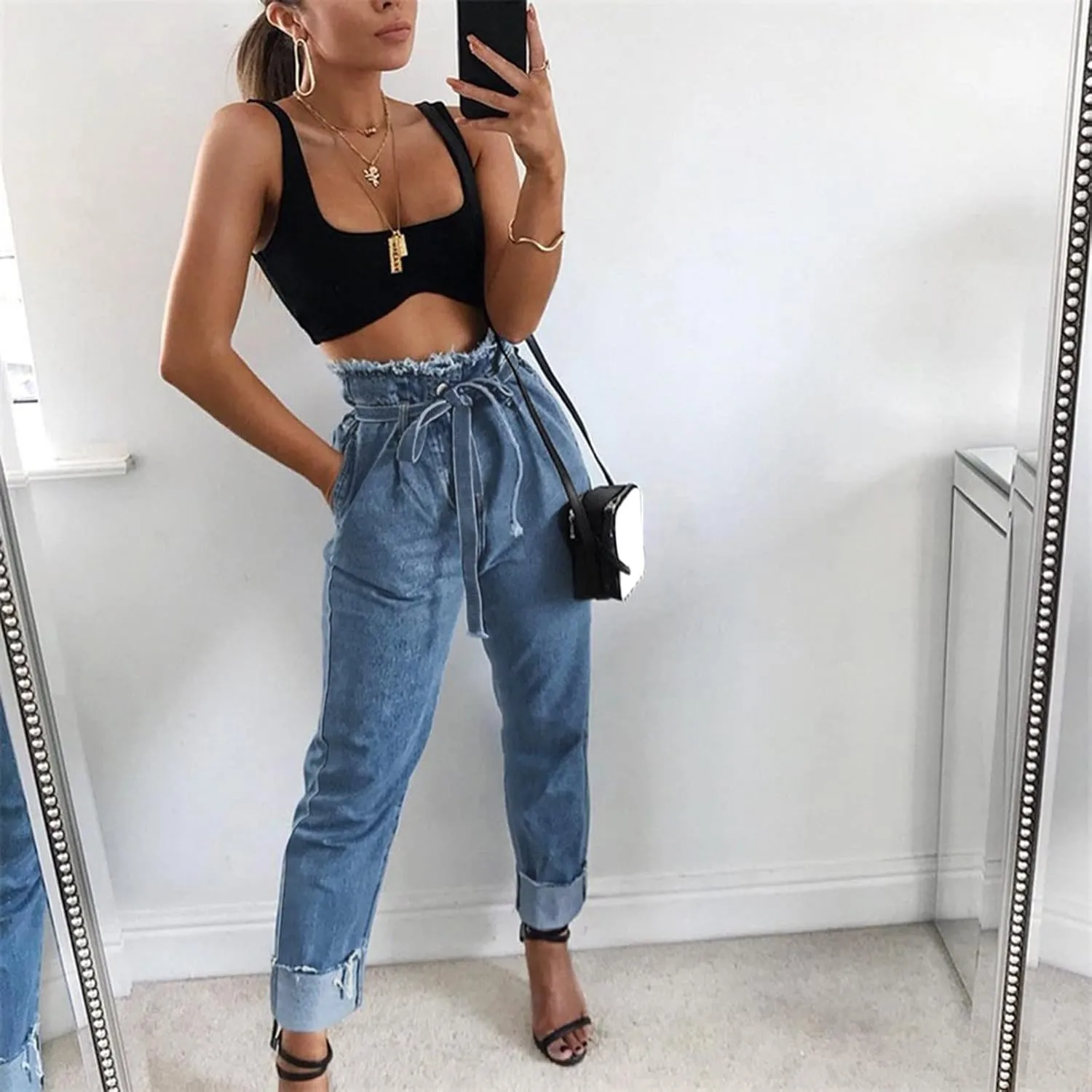 Lace-Up Denim Stretch Jeans Fasion Jeans Women's High-Rise Frayed Casual Pants 16 Skinny Jeans