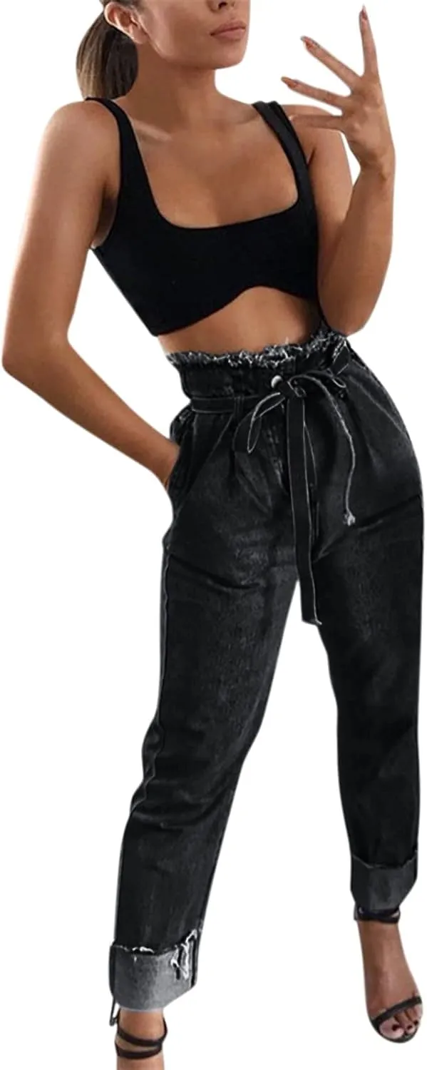 Lace-Up Denim Stretch Jeans Fasion Jeans Women's High-Rise Frayed Casual Pants 16 Skinny Jeans