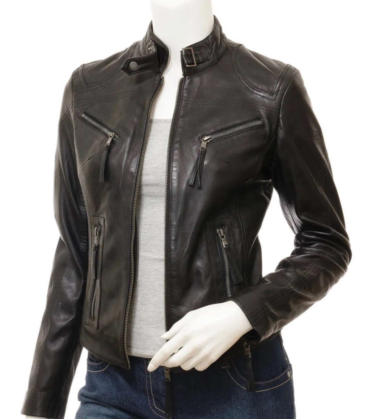 Ladies Real Leather Black  Fitted Bikers Vintage Style Jacket Gilda S087