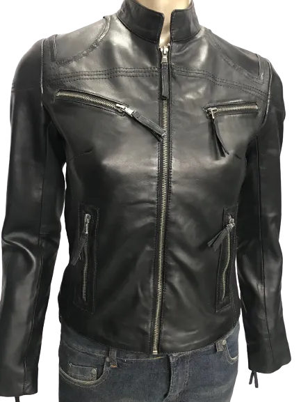 Ladies Real Leather Black  Fitted Bikers Vintage Style Jacket Gilda S087