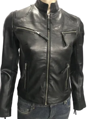 Ladies Real Leather Black  Fitted Bikers Vintage Style Jacket Gilda S087