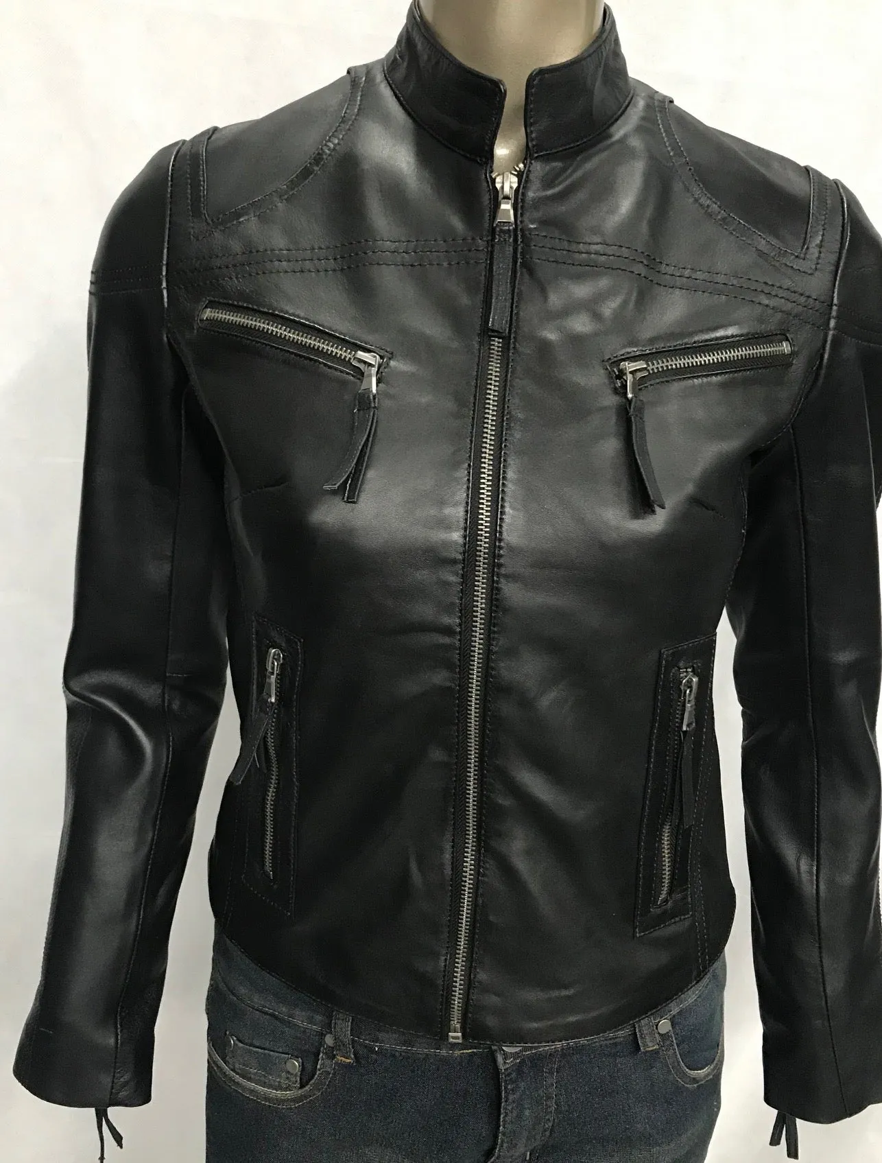 Ladies Real Leather Black  Fitted Bikers Vintage Style Jacket Gilda S087