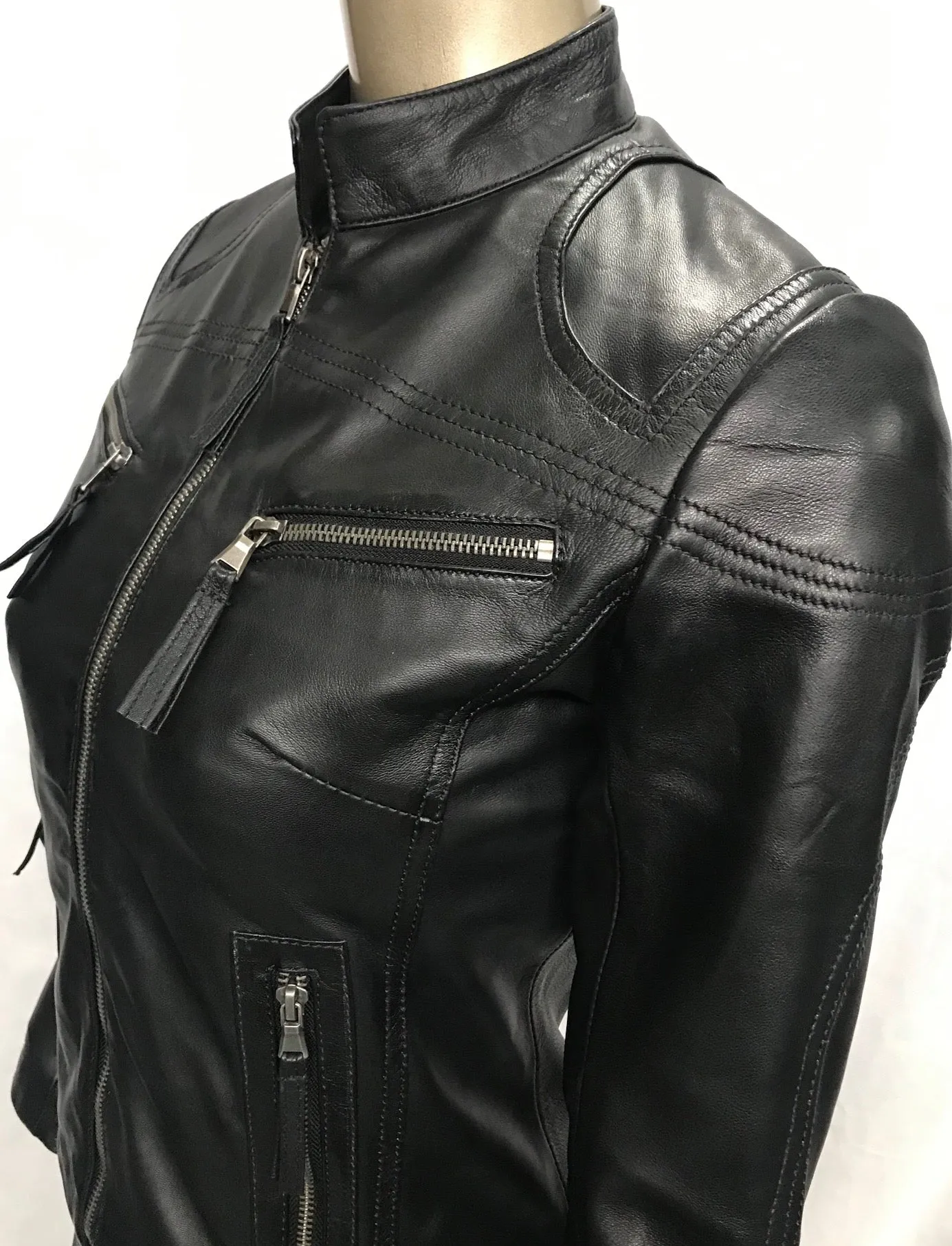 Ladies Real Leather Black  Fitted Bikers Vintage Style Jacket Gilda S087