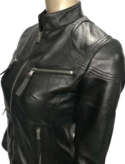 Ladies Real Leather Black  Fitted Bikers Vintage Style Jacket Gilda S087