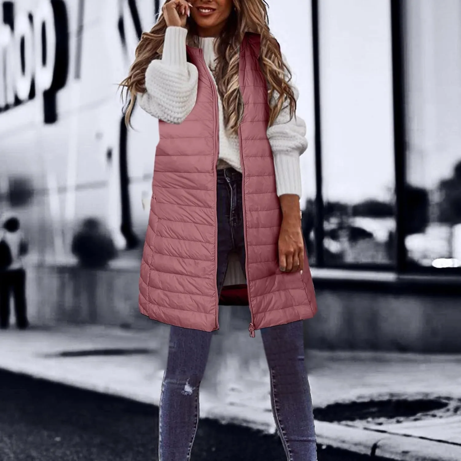 LCMTWX Black Puffer Vest Coat Vest With Hood Sleeveless Warm Down Coat With Pockets Quilted Vest Down Womens Long Puffer