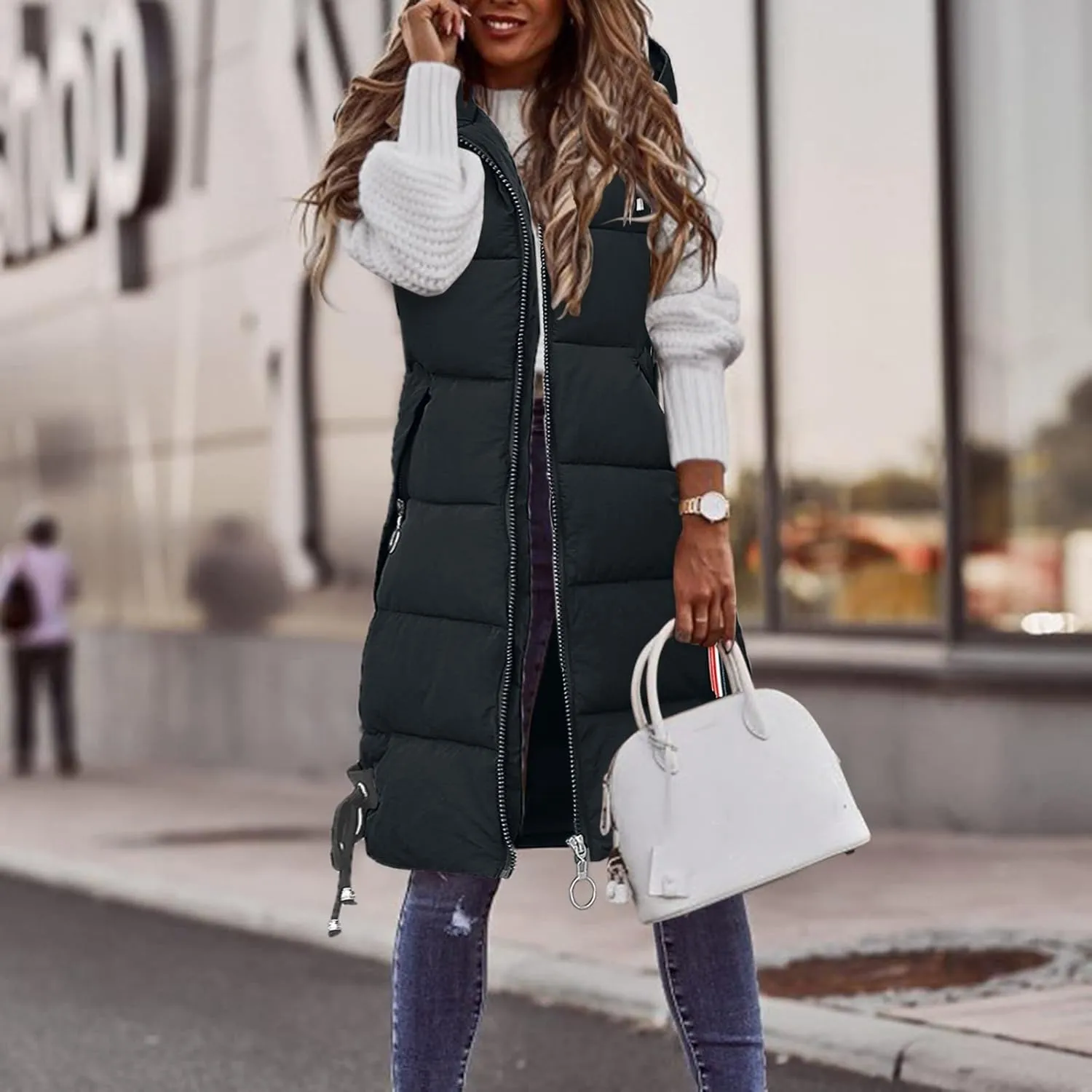 LCMTWX Black Puffer Vest Coat Vest With Hood Sleeveless Warm Down Coat With Pockets Quilted Vest Down Womens Long Puffer