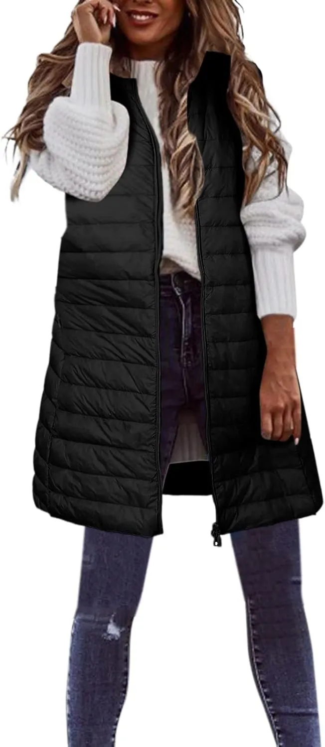 LCMTWX Black Puffer Vest Coat Vest With Hood Sleeveless Warm Down Coat With Pockets Quilted Vest Down Womens Long Puffer