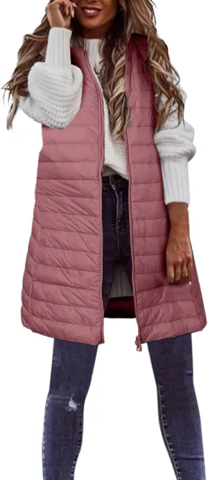 LCMTWX Black Puffer Vest Coat Vest With Hood Sleeveless Warm Down Coat With Pockets Quilted Vest Down Womens Long Puffer